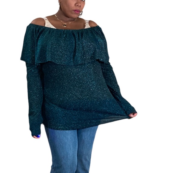 Blue Sparkly Off the Shoulder Long Sleeve Top - Picture 6 of 7